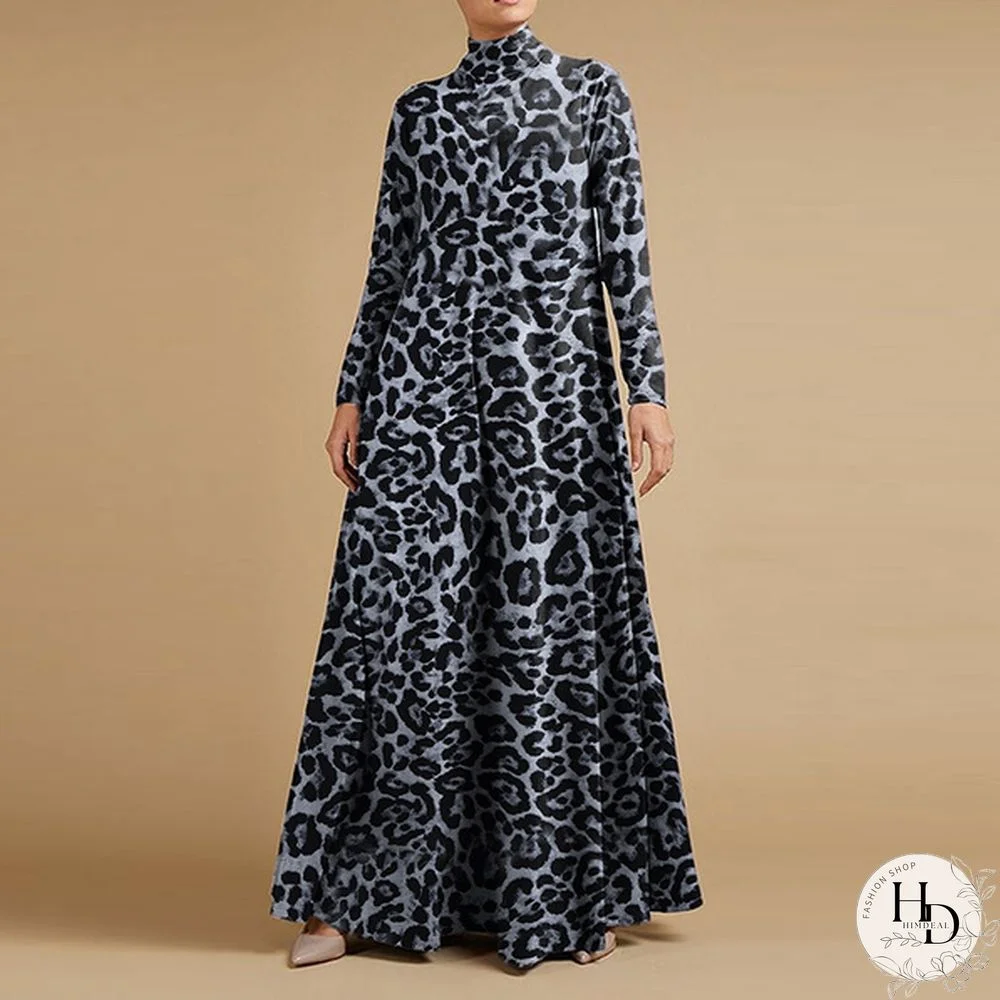 Women Holiday Leopard Print Long Sleeve Dress Ladies Baggy Long Maxi Shirt Dress