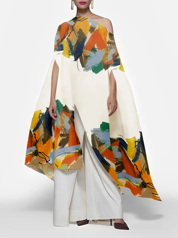 Batwing Sleeves Half Sleeves Abstract Printed Contrast Color Printed One-Shoulder Blouses&Shirts Tops