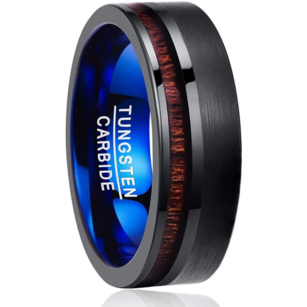 8MM Koa Wood Inlay Tungsten Carbide Wedding Bands Black Brushed Promise Mens Womens Flat Edge Comfort Fit for Couple