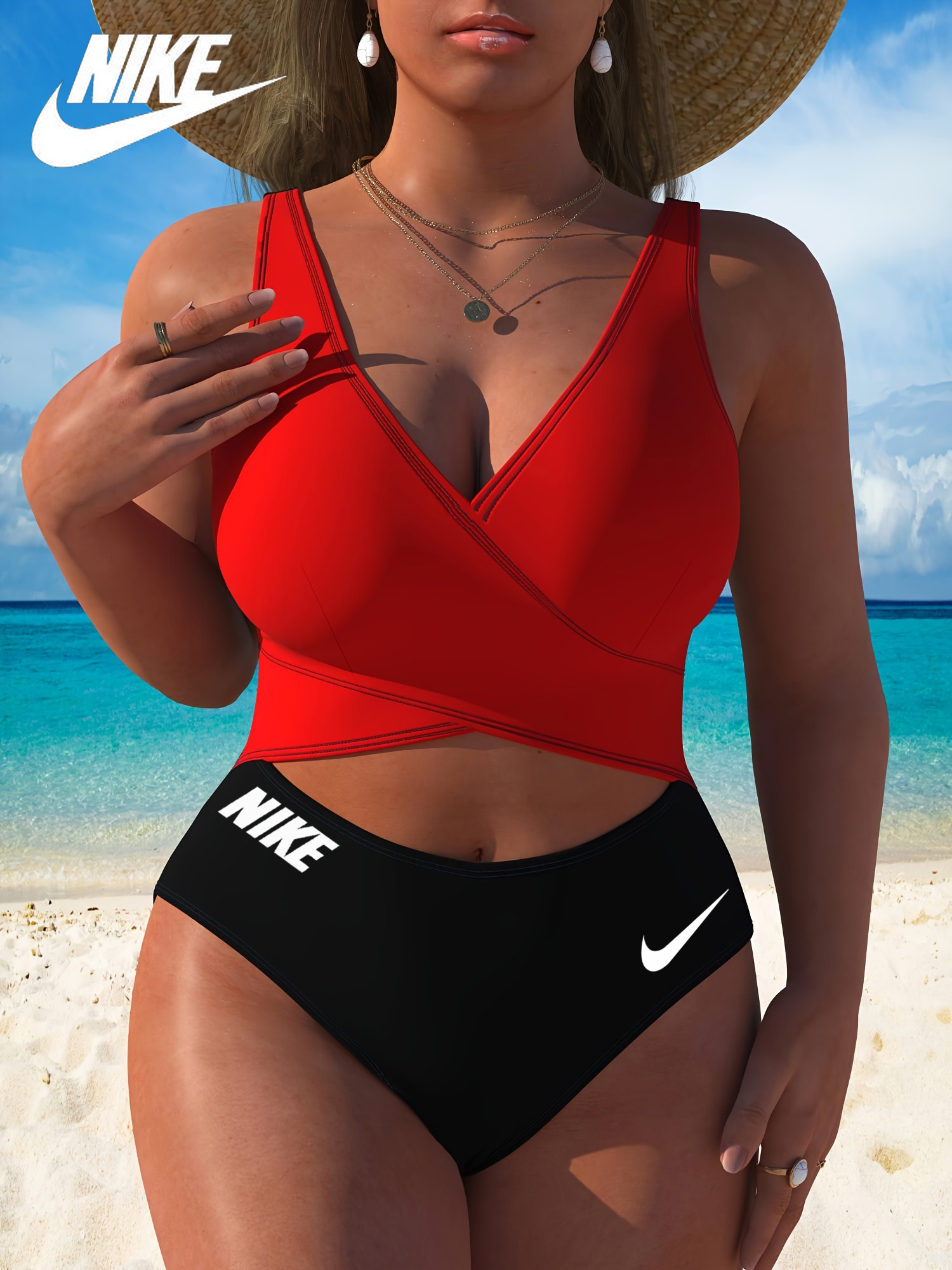 Fato de banho de uma peça com estampado listrado profundo na frente e decote em V