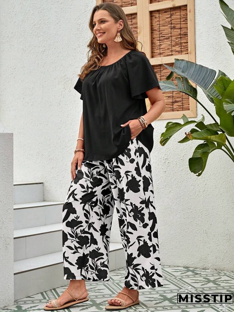 Plus Size Round Neck Pleated Solid Color Summer Top And Printed Pants 2pcs/Set