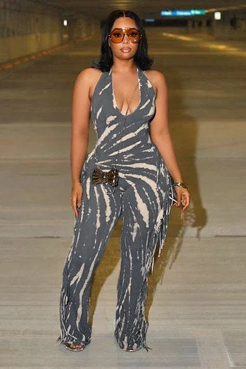 Halter U Neck Tie Dye Print Fringe Daily Wide Leg Jumpsuit-Brown [Pre Order]