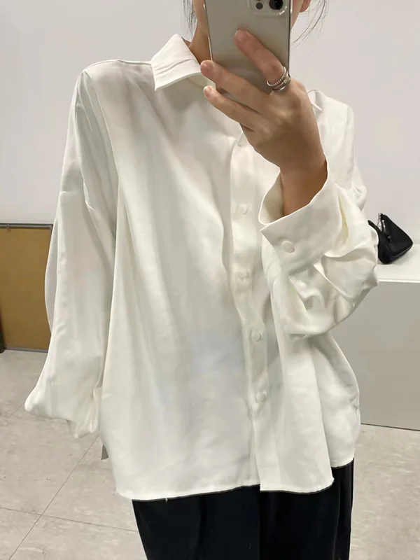 Simple Pleated Solid Color Blouses & Shirts | Long Sleeves, Loose Fit