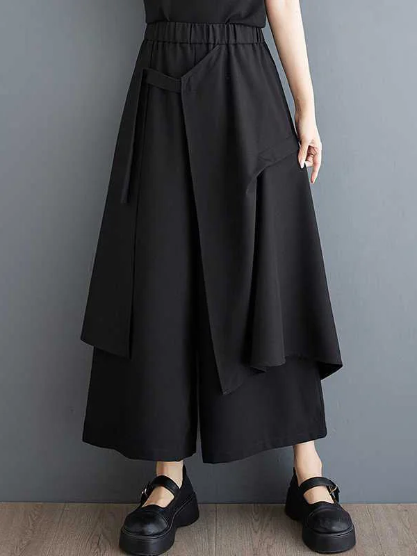 High Waisted Loose Elasticity Pockets Solid Color Ninth Pants Trousers