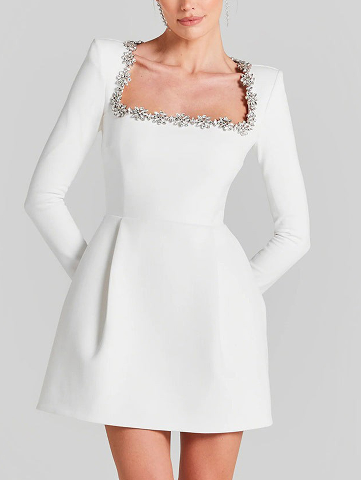 Square neck long sleeve beaded mini dress