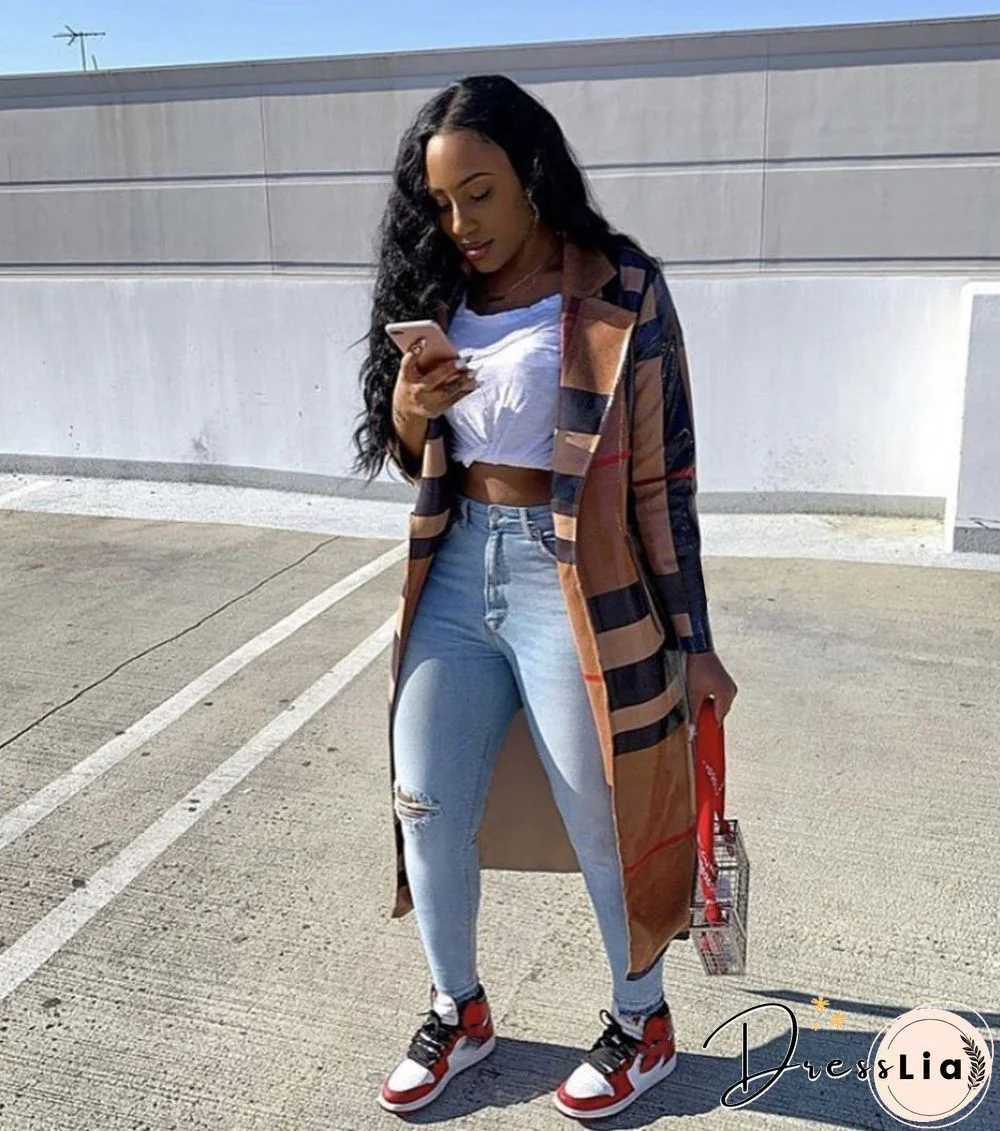 Women's Plaid Print Long-sleeved Lapel Long Coat