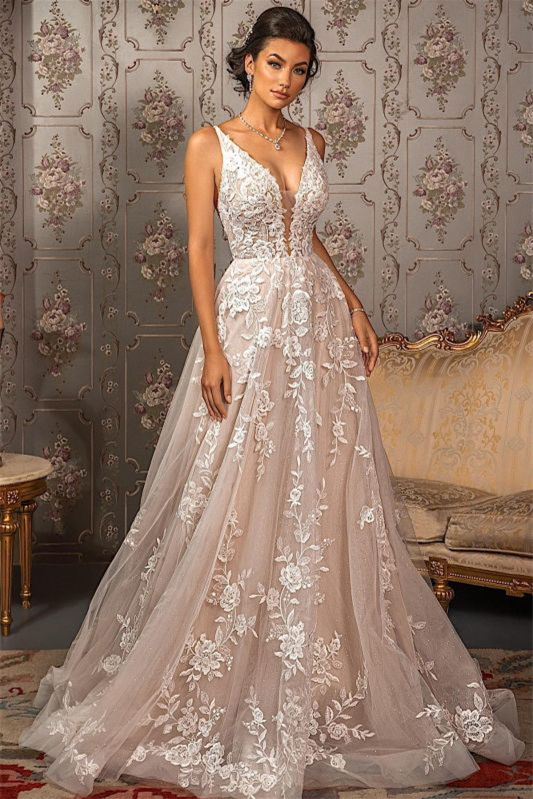 Ovlias Sleeveless V-Neck Tulle A-line Lace Appliqué Wedding Dress PD0992