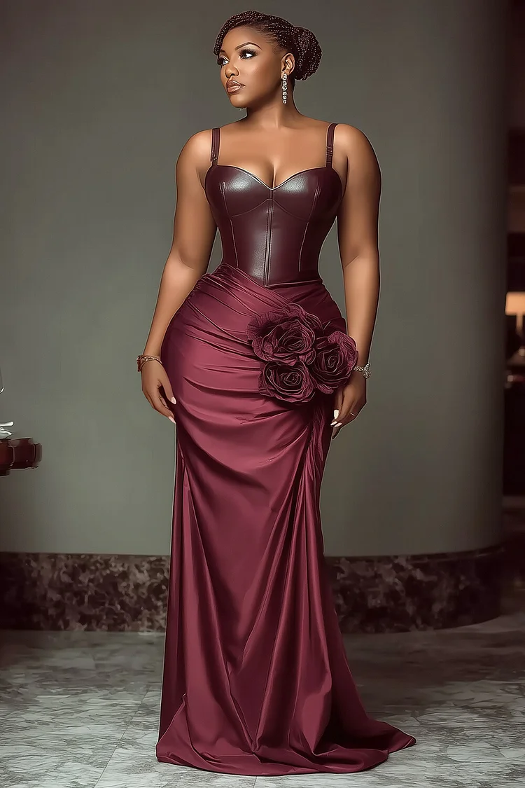 PU Leather Contrast 3D Flower Wrapped Party Cami Maxi Dresses-Red [Pre Order]