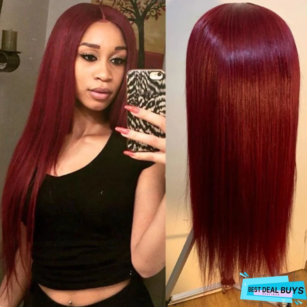 Women's Long Hair Is Wine Medium Length and Straight Hair