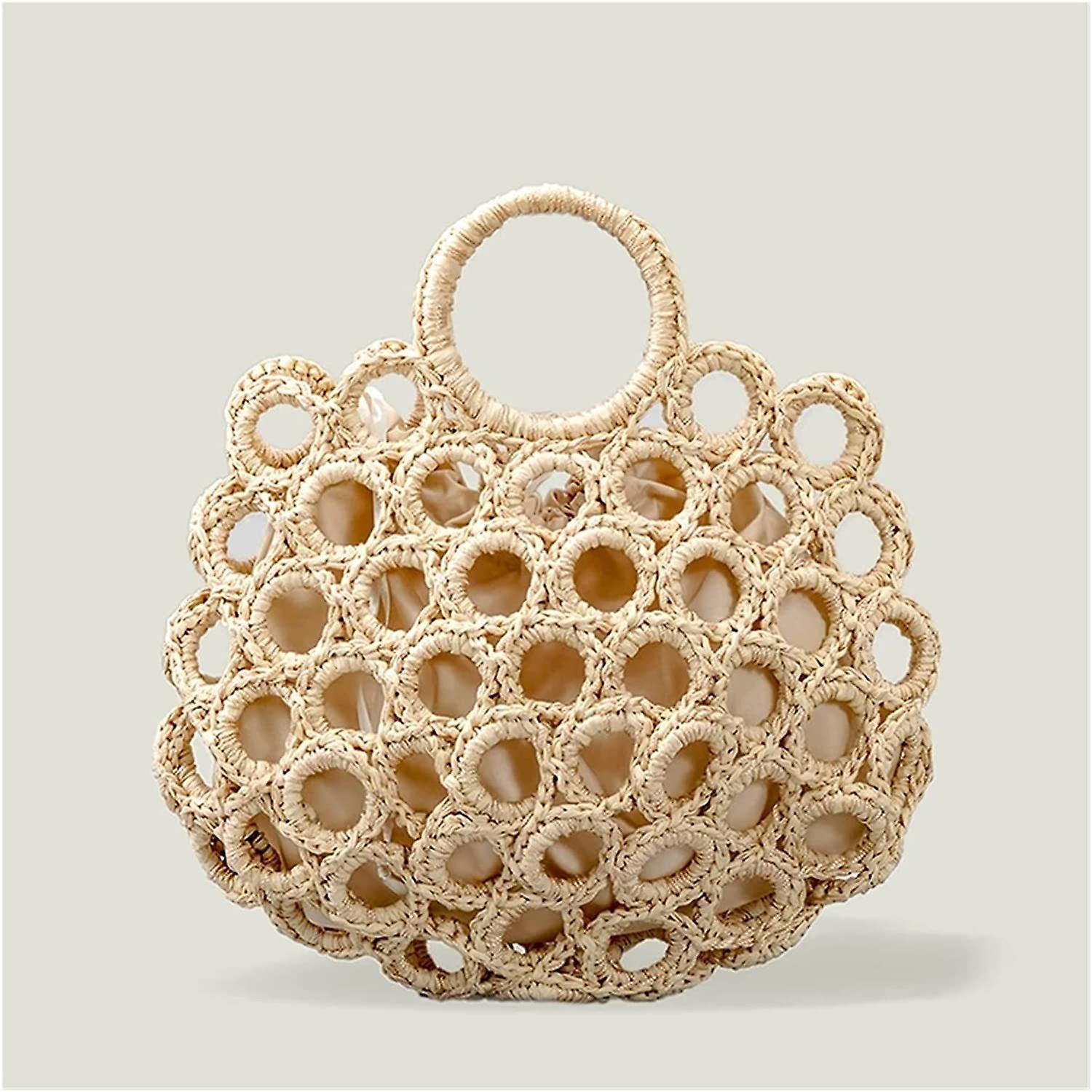 Zlxdp Handmade Woven Round Women Handbags Summer Knitting Hollow Out Casual Rattan Beach Bags Female Hobos Purses