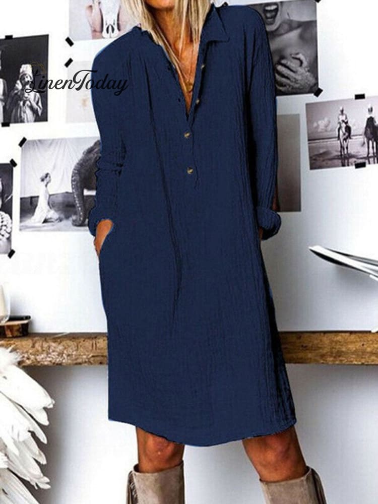 Women’s Solid Color Loose Elegant Casual Long-Sleeved Dress Dark Blue / S