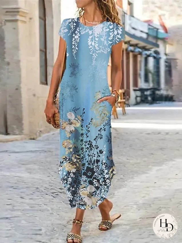Casual Dress Shift Dress Summer Dress Ombre Marble Print Pocket Split Crew Neck Long Dress Maxi Dress Fashion Streetwear Outdoor Daily Short Sleeve Regular Fit Light Pink Pink Blue Summer for Women