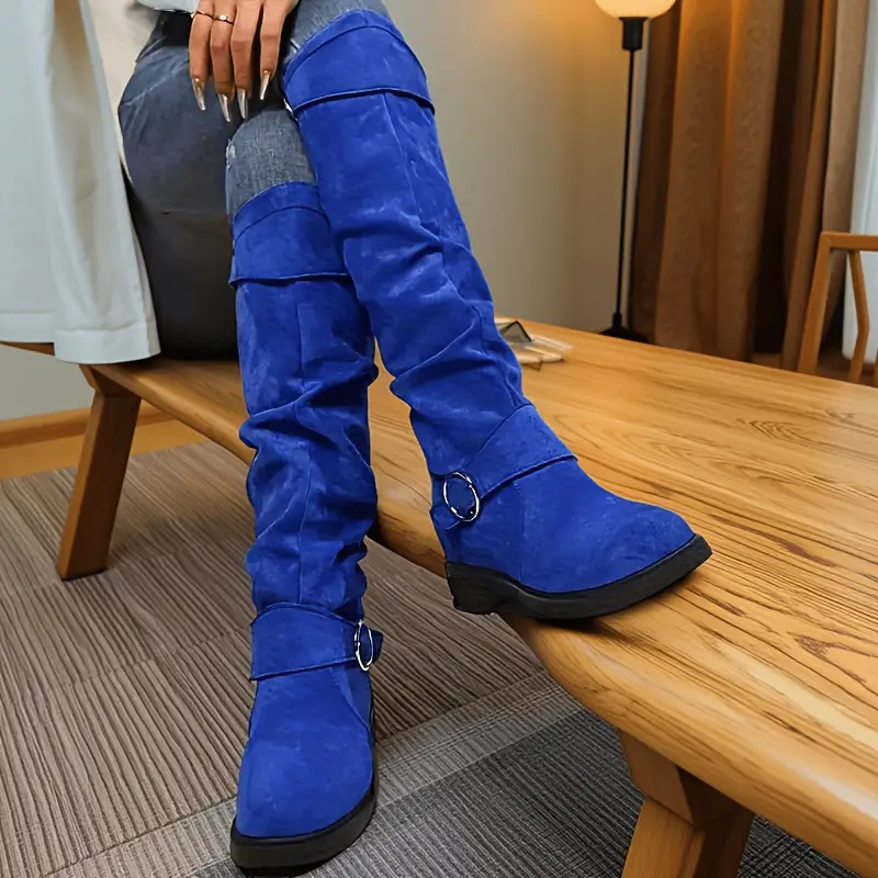 womens retro chunky heel calf boots with plush lining winter warm round toe pull on knee high boots in black blue soft synthetic cover cushioned insole versatile casual semi formal shoes for wear Product details 5