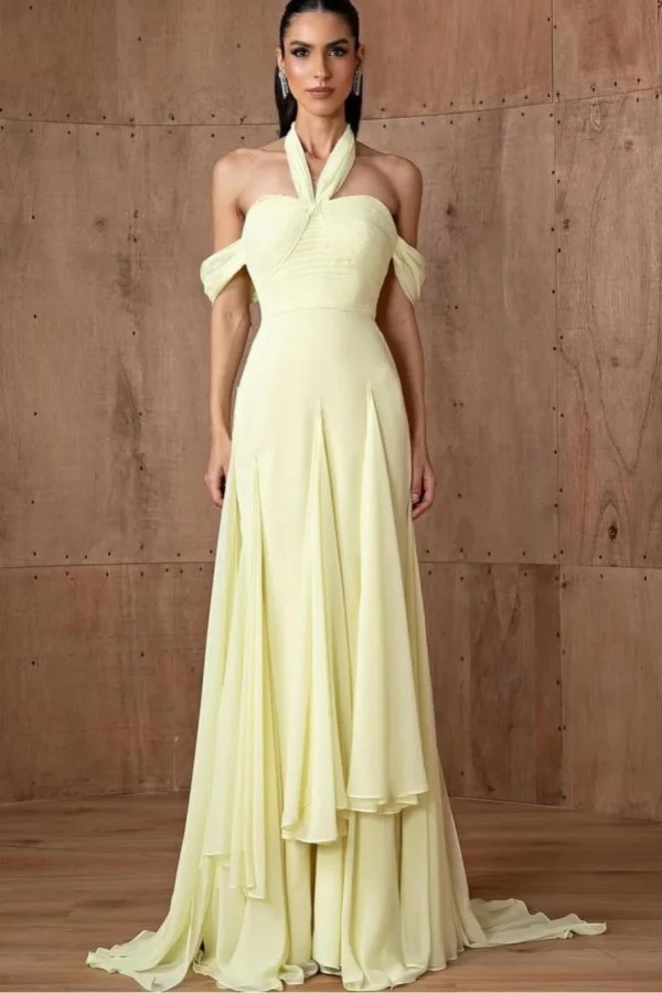 Gorgeous Daffodil Chiffon Halter Off the Shoulder Long Prom Dress With Pleated MS0539