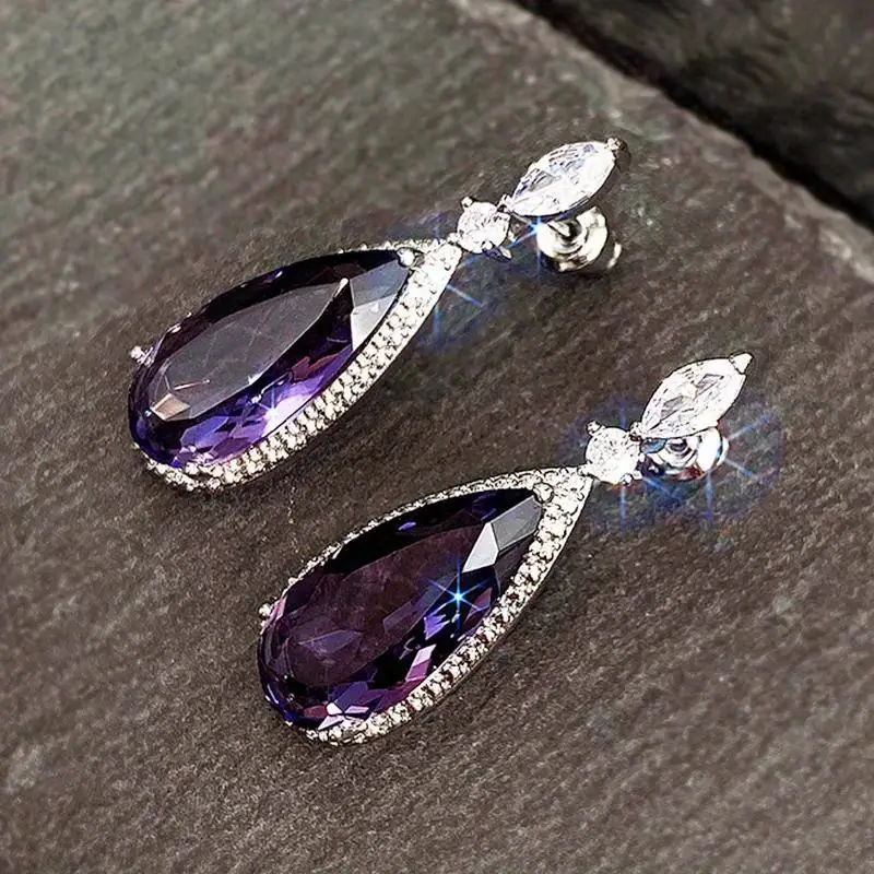 unique purple cubic zirconia earrings for women simple and elegant female earrings engagement wedding jewelry   details 2