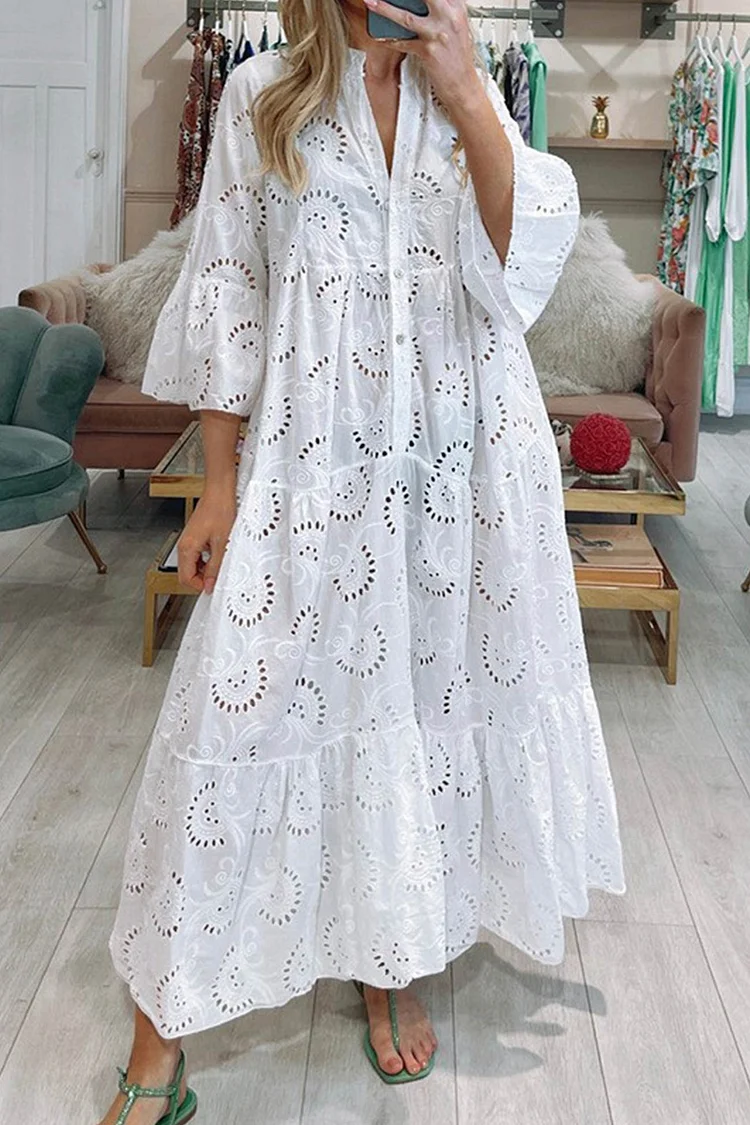 V Neck Flares Sleeve Embroidery Cotton Dress