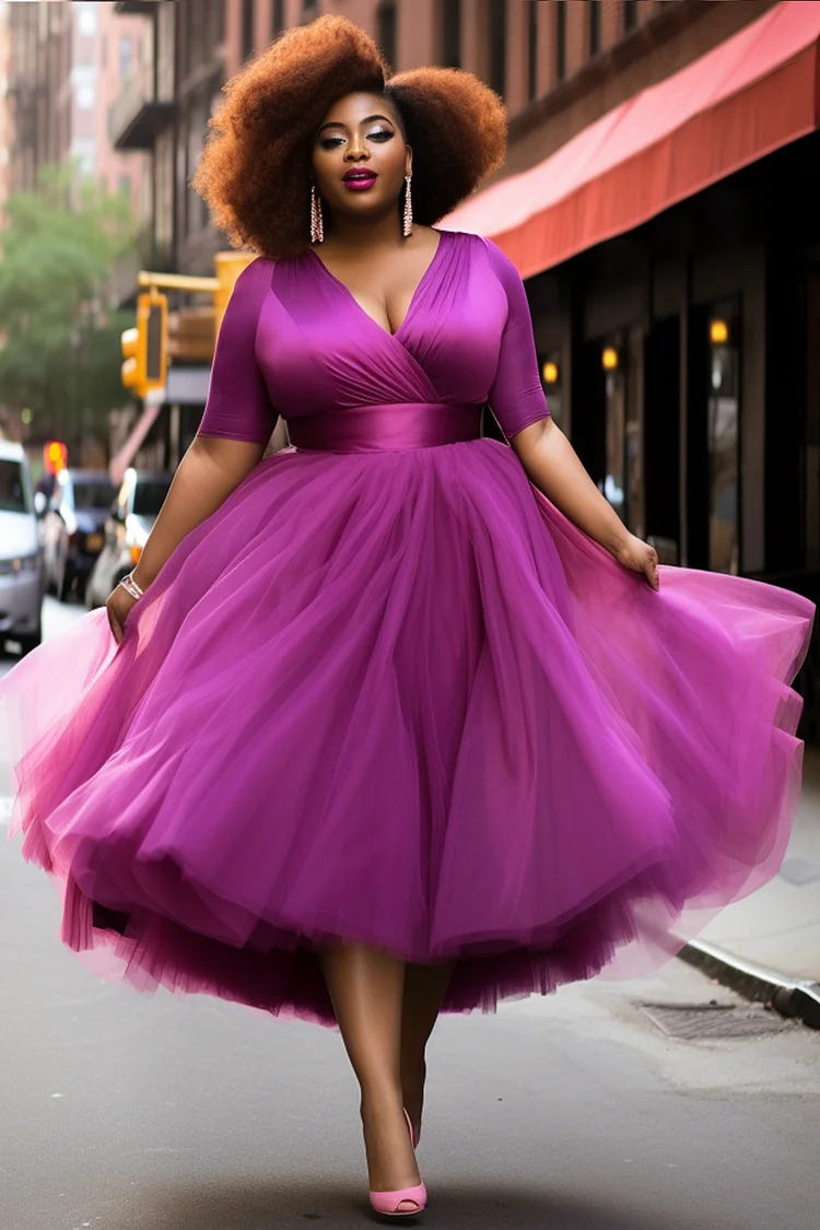 Xpluswear Design Plus Size Prom Elegant Purple Spring Summer Wrap Neck Short Sleeve Contrast Tulle Midi Dresses 2024 - Xpluswear