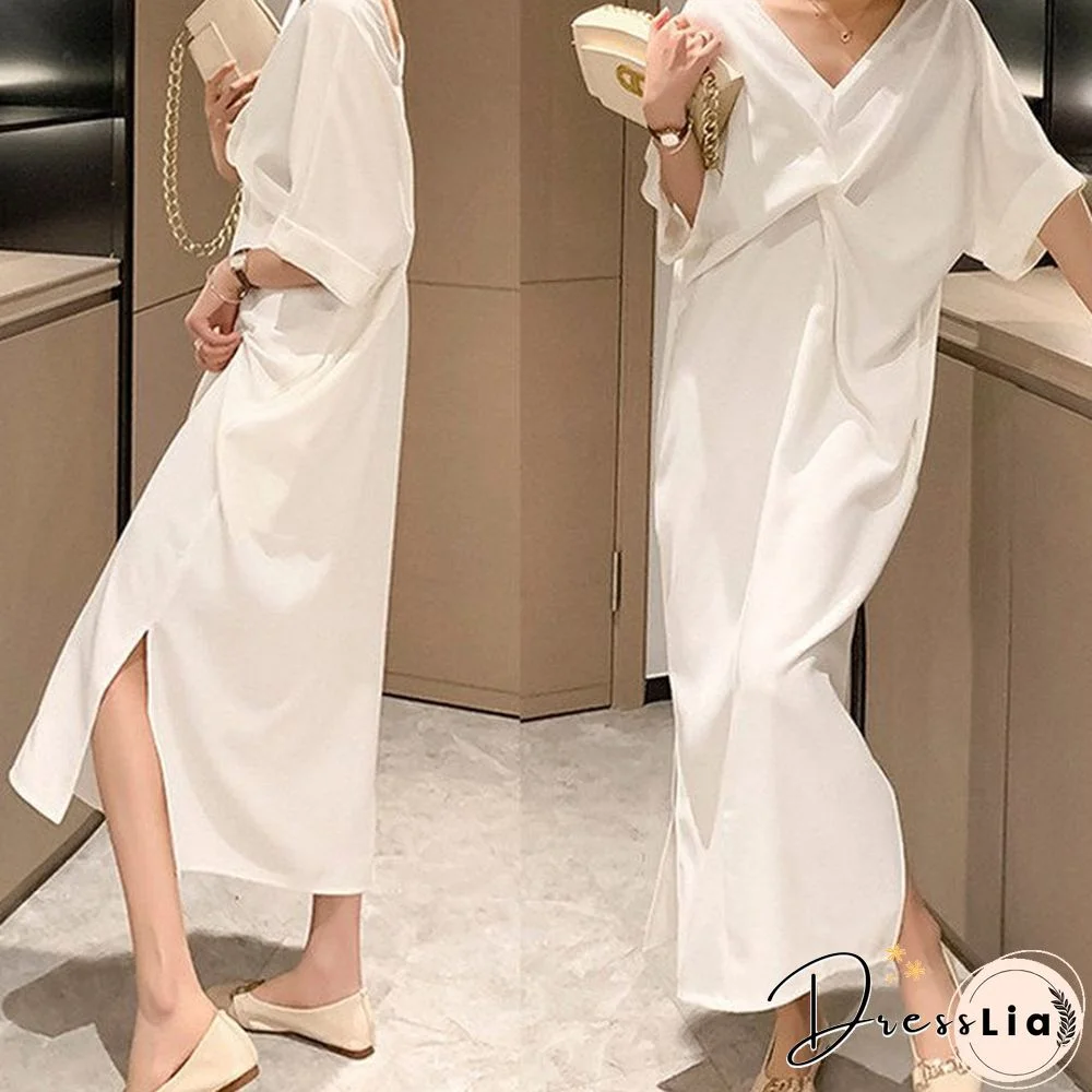 Extra-large Kinked T-shirt Skirt Loose Tibetan Meat Slim Backless V-neck Dress Wihte Dresses