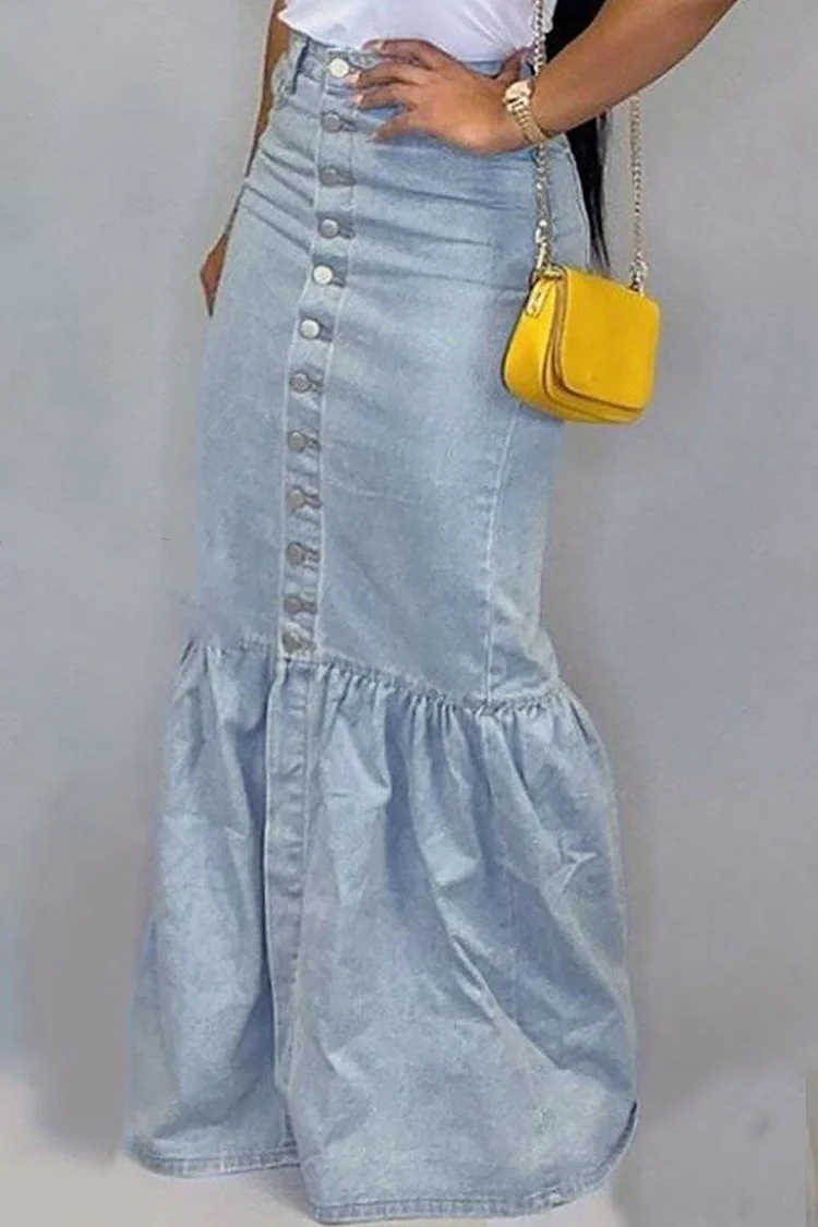 Plus Size Casual Skirt Light Blue Denim Solid Patchwork Buckle Skirt With Pocket [Pre-Order]
