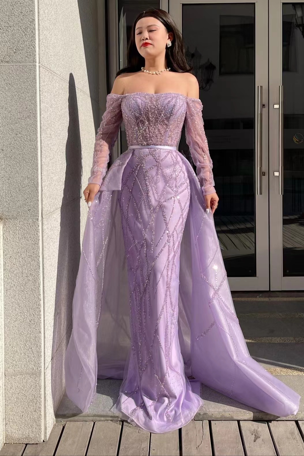 Hidais Lilac Off the Shoulder Long Sleeves Tulle Prom Dress Mermaid With Beading