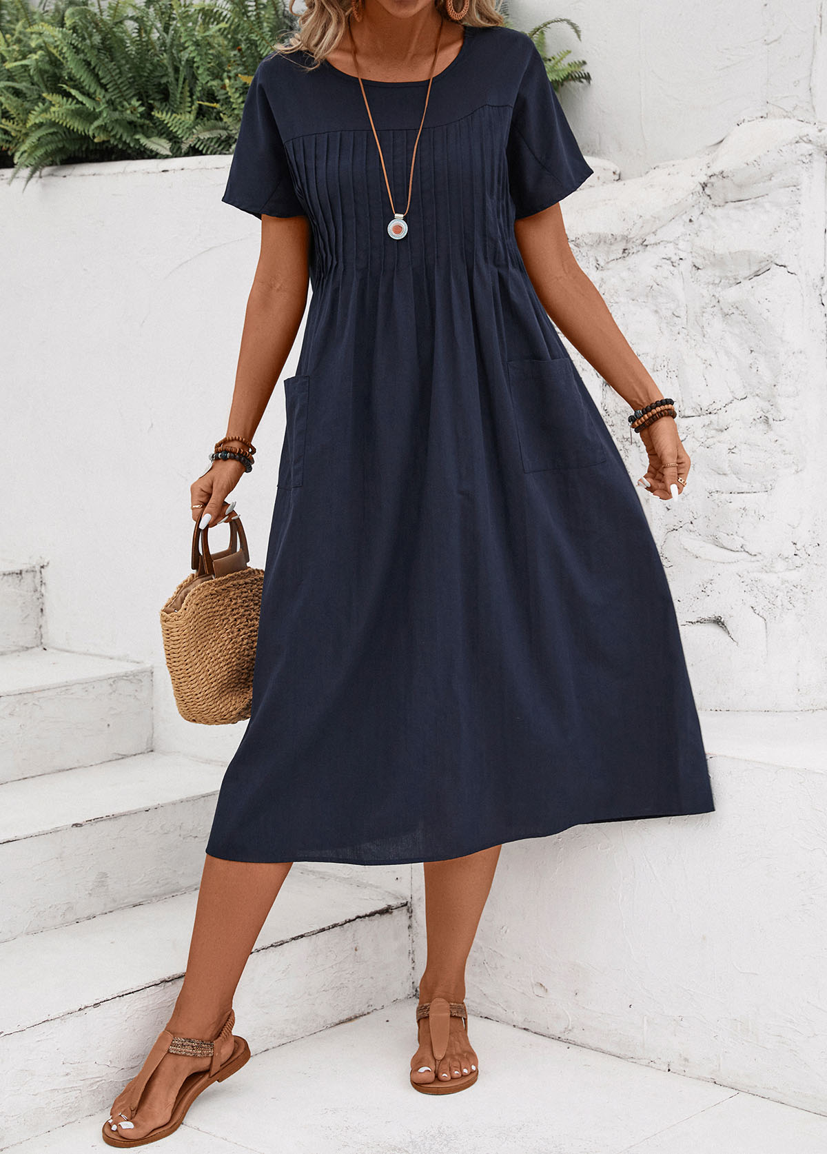 MODLILY DESIGN Navy Tuck Stitch Short Sleeve Round Neck Dress