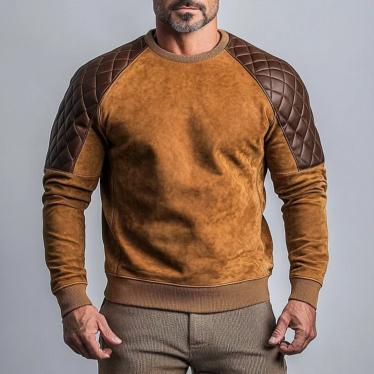 Mens Suede PU Leather Quilted Splicing Long Sleeve Sweatshirt-inspireuse