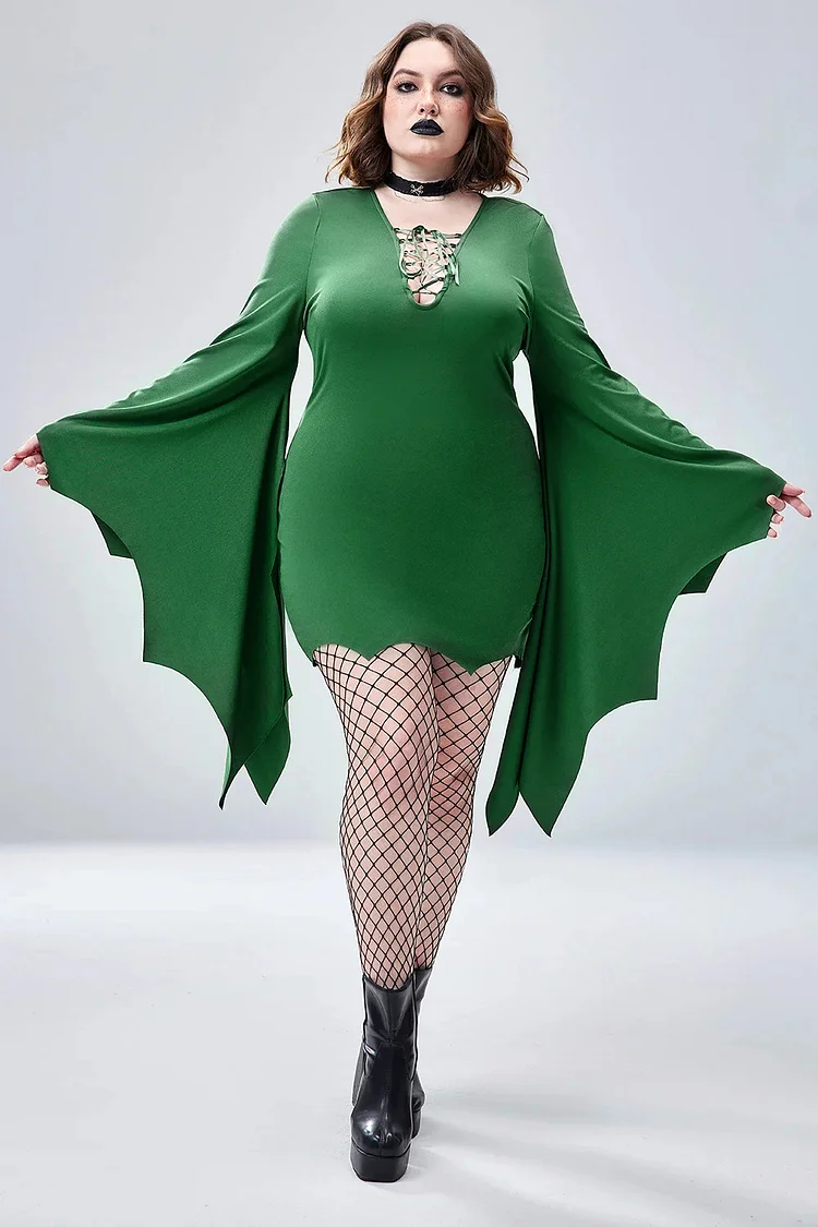 Xpluswear Design Plus Size Halloween Costume Green Bats Lace Up Trumpet Sleeve Mini Dress 