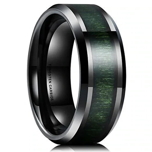 Black with High Polish Green Wood Inlay and Beveled Edges Tungsten Carbide Rings With Mens And Womens 8MM