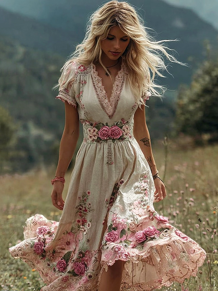 Women's Vintage Rose Embroidery Art Comfy Linen Maxi Dress