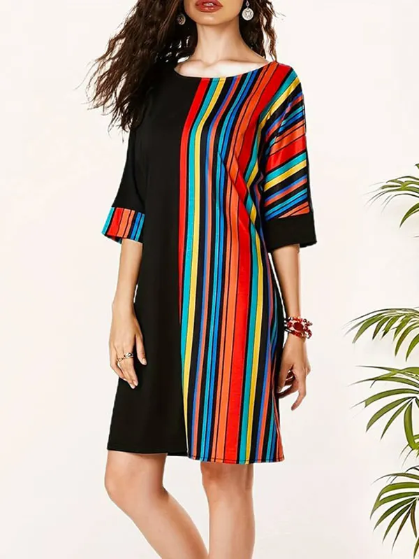A-Line Irregularity Asymmetric Printed Split-Joint Striped Round-Neck Midi Dresses