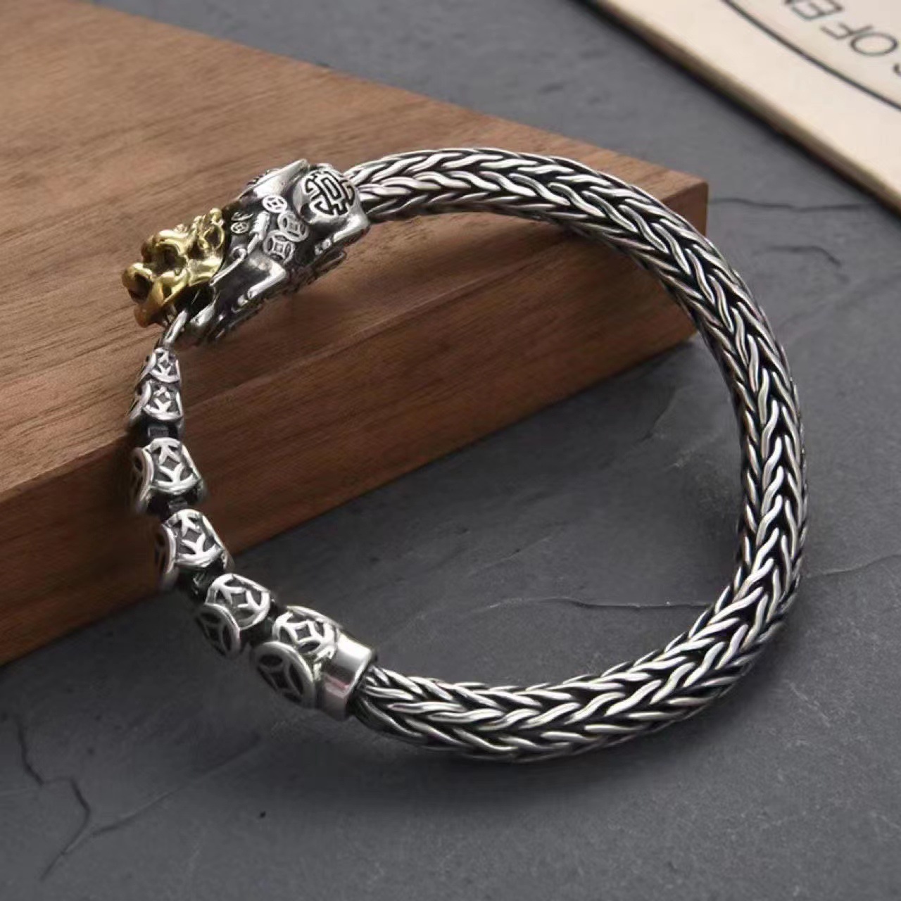 925 Silver Pure Handmade Pixiu Knitting Trendy Male Retro Ethnic Style Bracelet