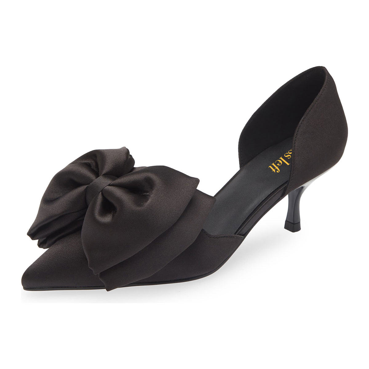 Black Satin Bows Pointed Toe Kitten Heel Slip-On Pumps for Women Nicepairs