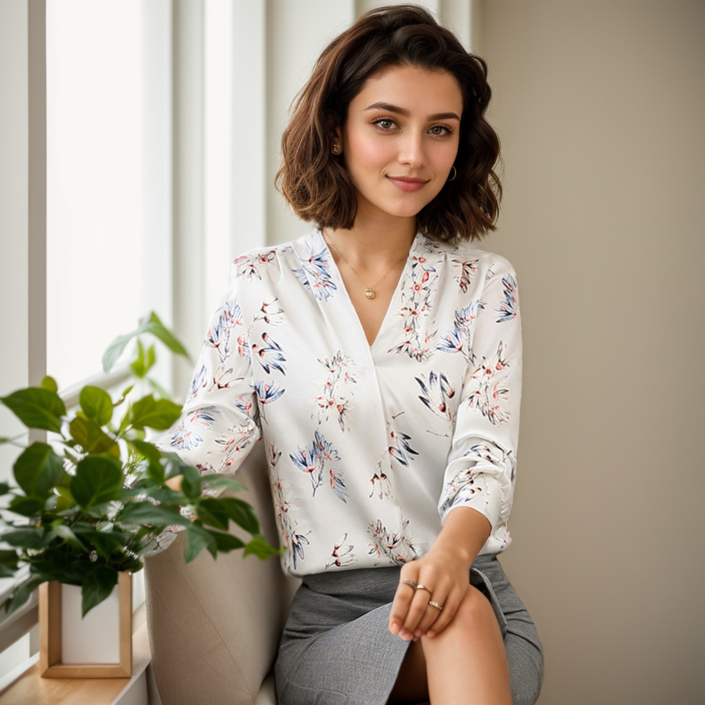 Blouses en soie florale à col en V pour femmes- SOIE PLUS