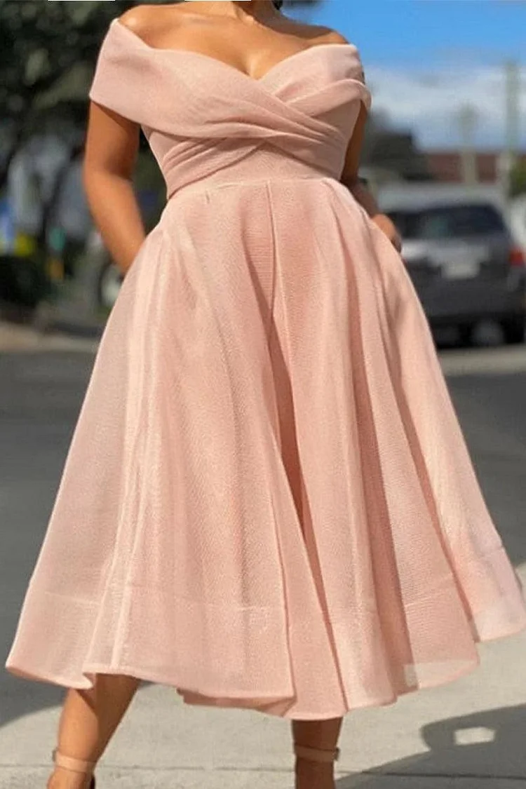 Plus Size Pink Elegant Off The Shoulder A Line Tulle Midi Dresses