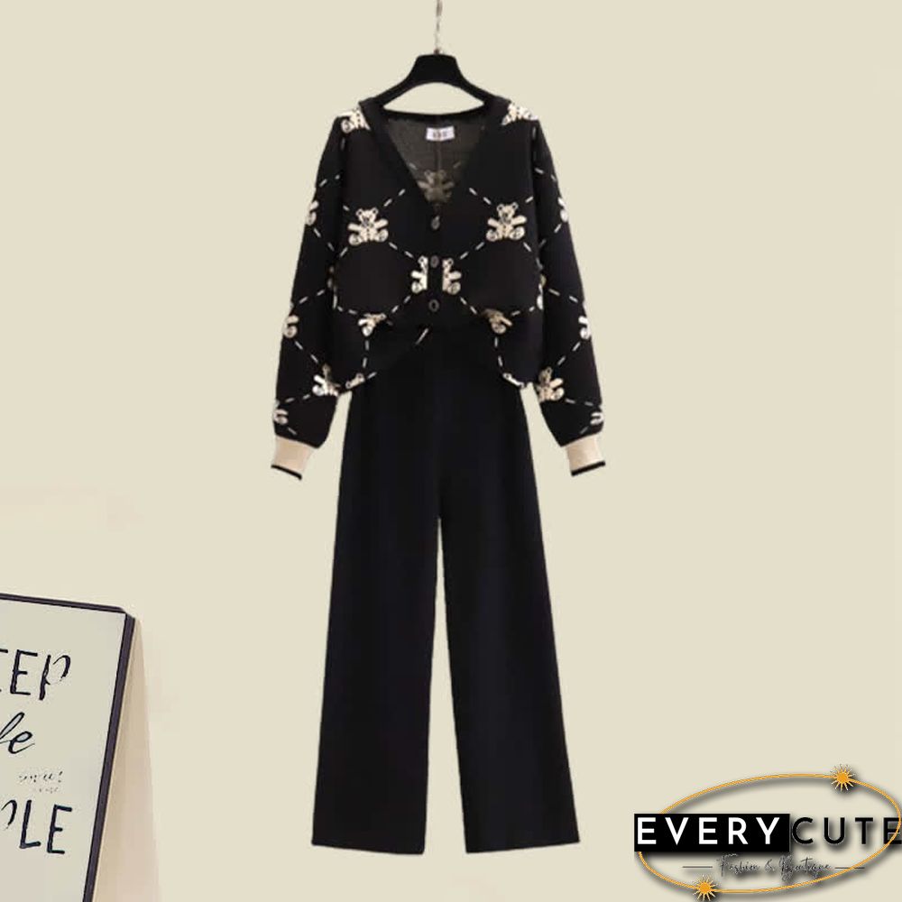Plus Size Bear Print Cardigan Sweater Pants Two Pieces Set