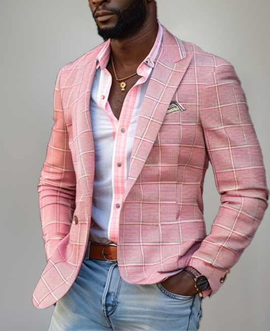 Plaid Print Chest Pocket Button Notch Lapel Blazer