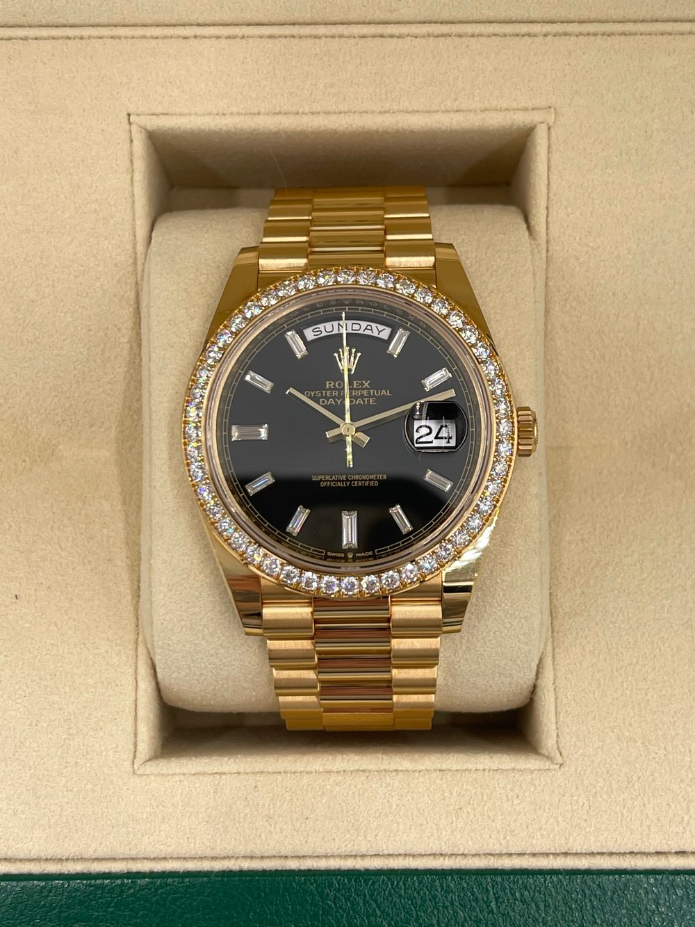 Rolex Day-Date 40mm Yellow Gold 228348RBR Black Baguette | islamiyyat.com