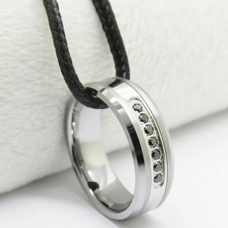6MM 8MM Mens Tungsten Carbide Rings White Tungsten Carbon Fiber Polished Beveled Edge CZ Stone Channel