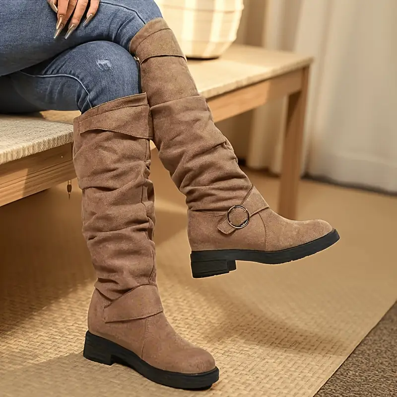 womens retro chunky heel calf boots with plush lining winter warm round toe pull on knee high boots in black blue soft synthetic cover cushioned insole versatile casual semi formal shoes for wear Product details 6