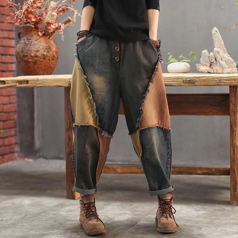 Brownm Women's High Waist Retro Harem Pants Jeans 2023 New Casual Fashion Harajuku Cotton Trousers Patchwork Wide Leg Radish