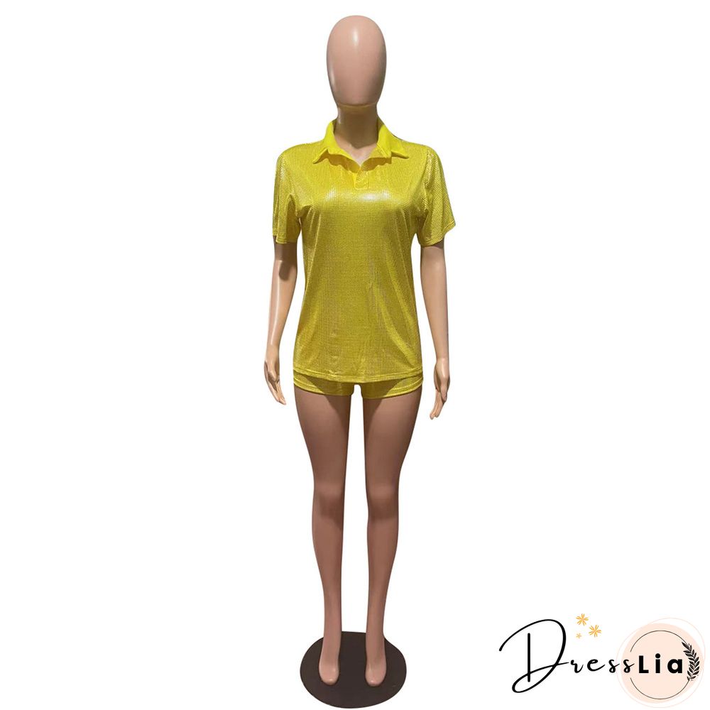 Short Sleeve Bronzing T-Shirt Casual Biker Shorts Outfit