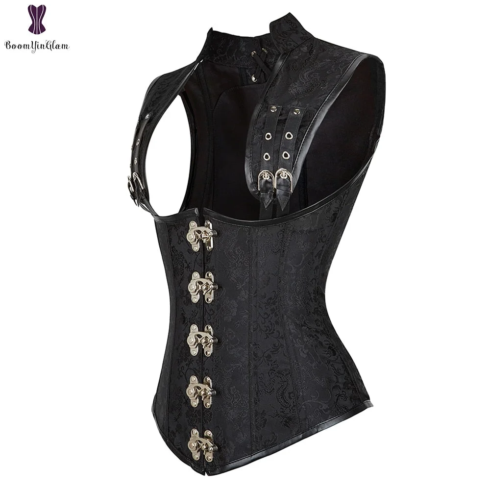 Women's Gothic Steampunk Corset Vest Brown Steel Boned Vintage Sexy Underbust Corsets and Bustiers Shapewear Corselet