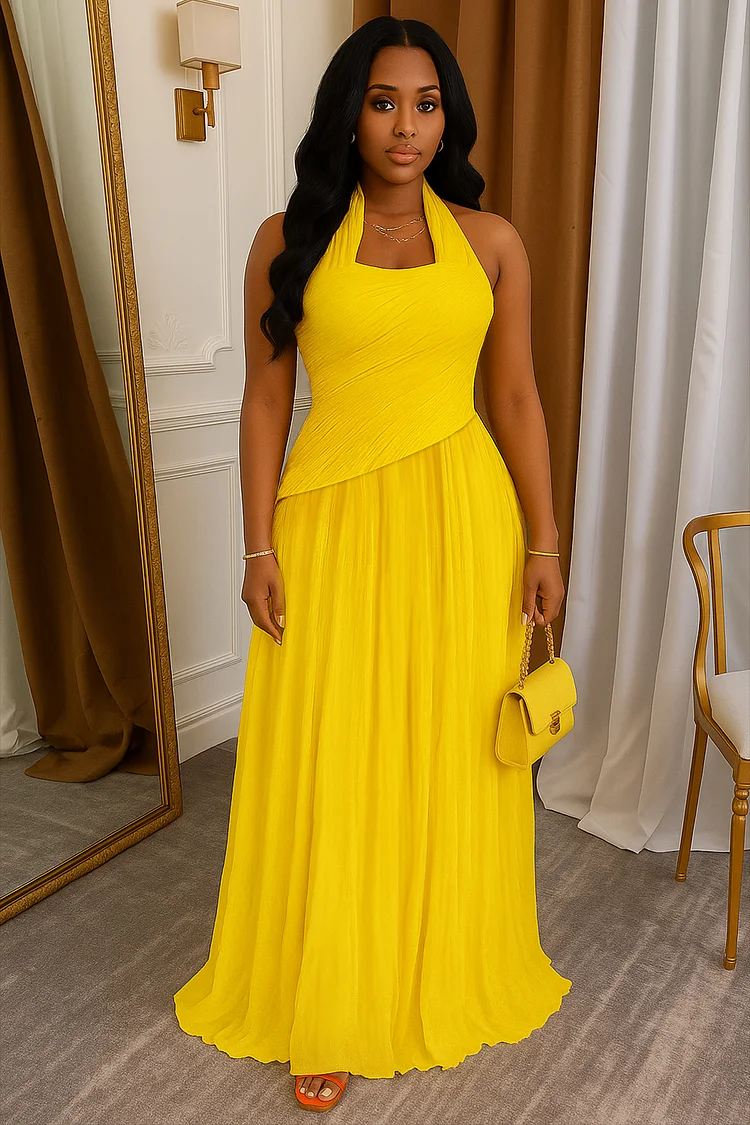 Halter Square Neck Wrinkle Solid Party Maxi Dresses-Orange [Pre Order]