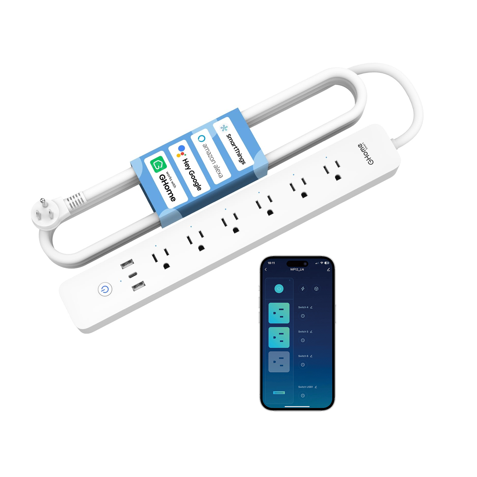 Smart Power Strip WP12, 3 USB (2A1C 30W) and 6 Individually Controlled Outlets