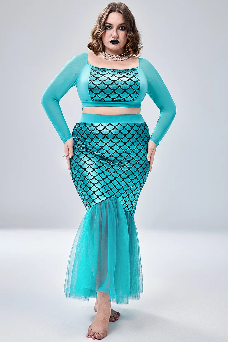 Xpluswear Design Plus Size Halloween Costume Blue Mesh Mermaid Square Neck Glitter Two Pieces Crop Top Skirt Set 