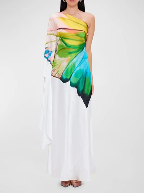 Ruched one shoulder print irregular maxi dress