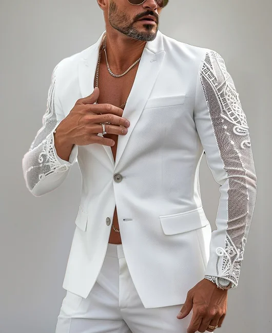 Hollow Lace Splicing Lapel Collar Two Button Blazer 
