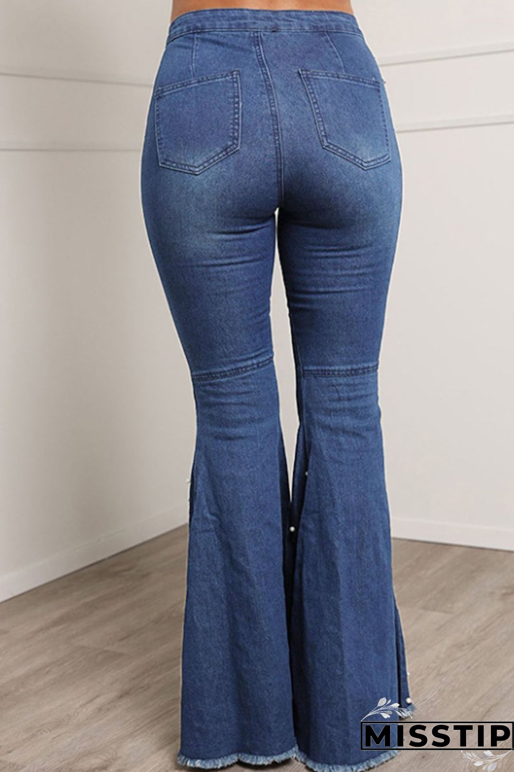 Blue Casual Street Solid Patchwork Beading High Waist Boot Cut Denim Jeans