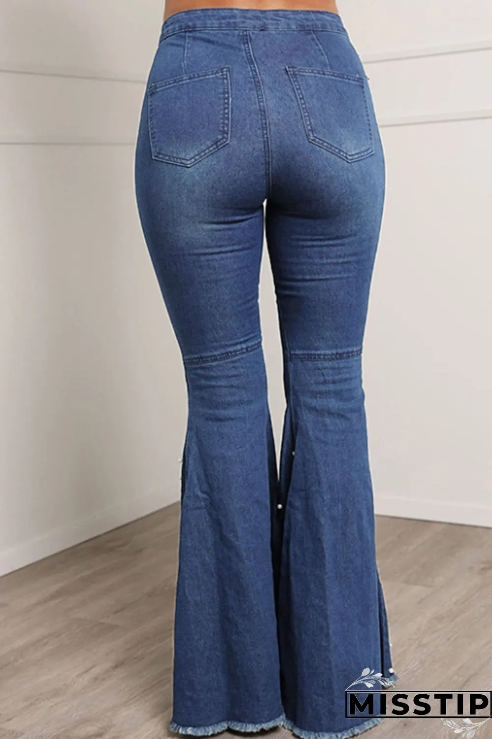 Blue Casual Street Solid Patchwork Beading High Waist Boot Cut Denim Jeans