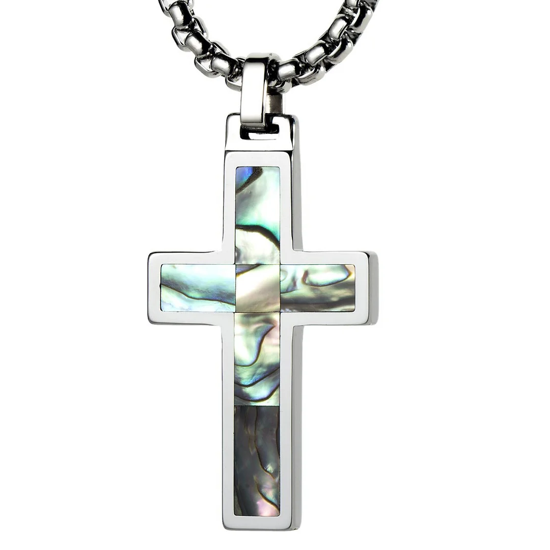 Women's Or Men's Unique Tungsten Cross Pendant Abalone Inlay Necklace Jewelry Gifts For Mens And Womens